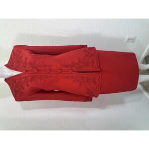 Sz 8 Executive Collection Red Embroidered Pencil Skirt Suit Church Holiday Work